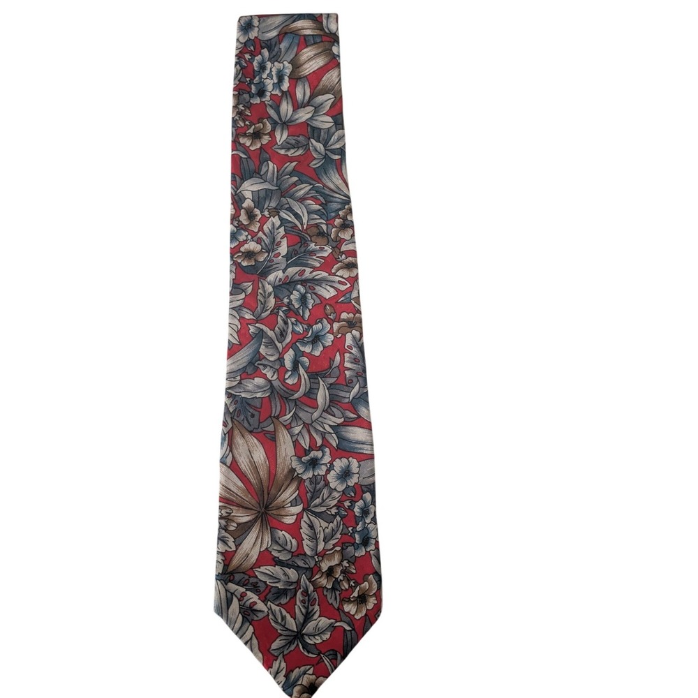 Oscar de la Renta Couture Mens Silk Tie Red Blue Floral Leaf Botanical Print